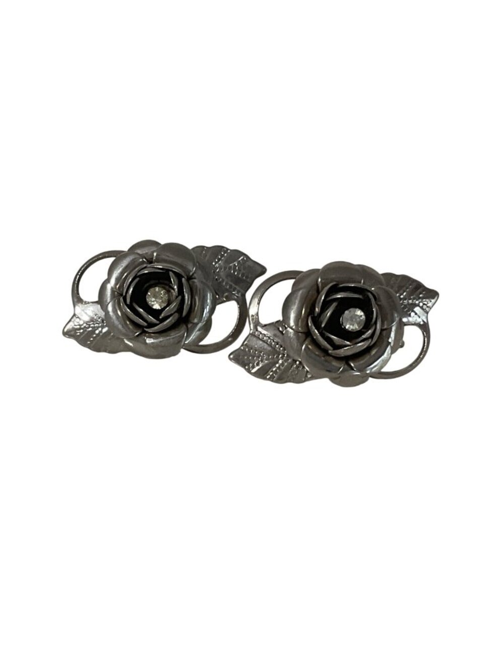 Vtg Mid Century Silver Cabbage Rose Rhinestone Screw Back Earrings MCM 50s Coque
